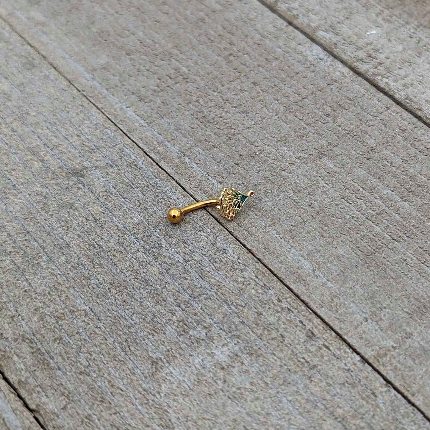 16G 5/16 Red Gem Gold Tone Deco Holiday Tree Curved Eyebrow Ring