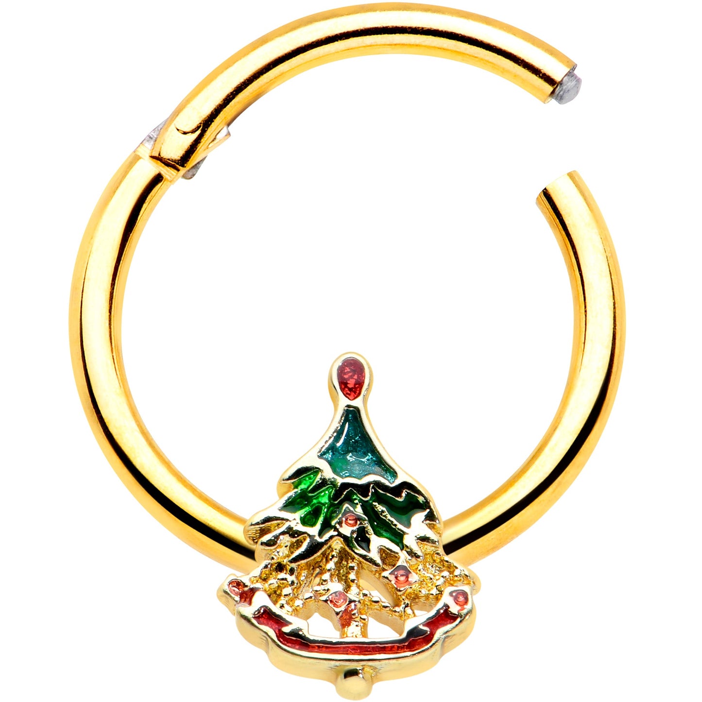 16G 3/8 Red Gem Gold Tone Deco Holiday Tree Hinged Segment Ring