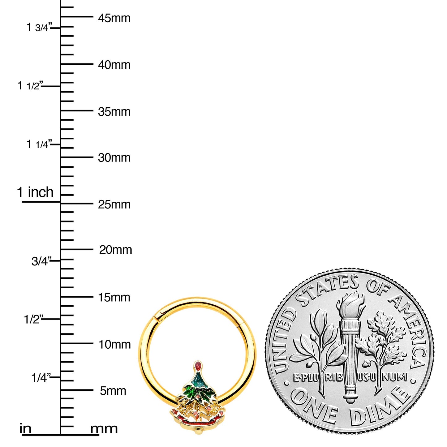 16G 3/8 Red Gem Gold Tone Deco Holiday Tree Hinged Segment Ring