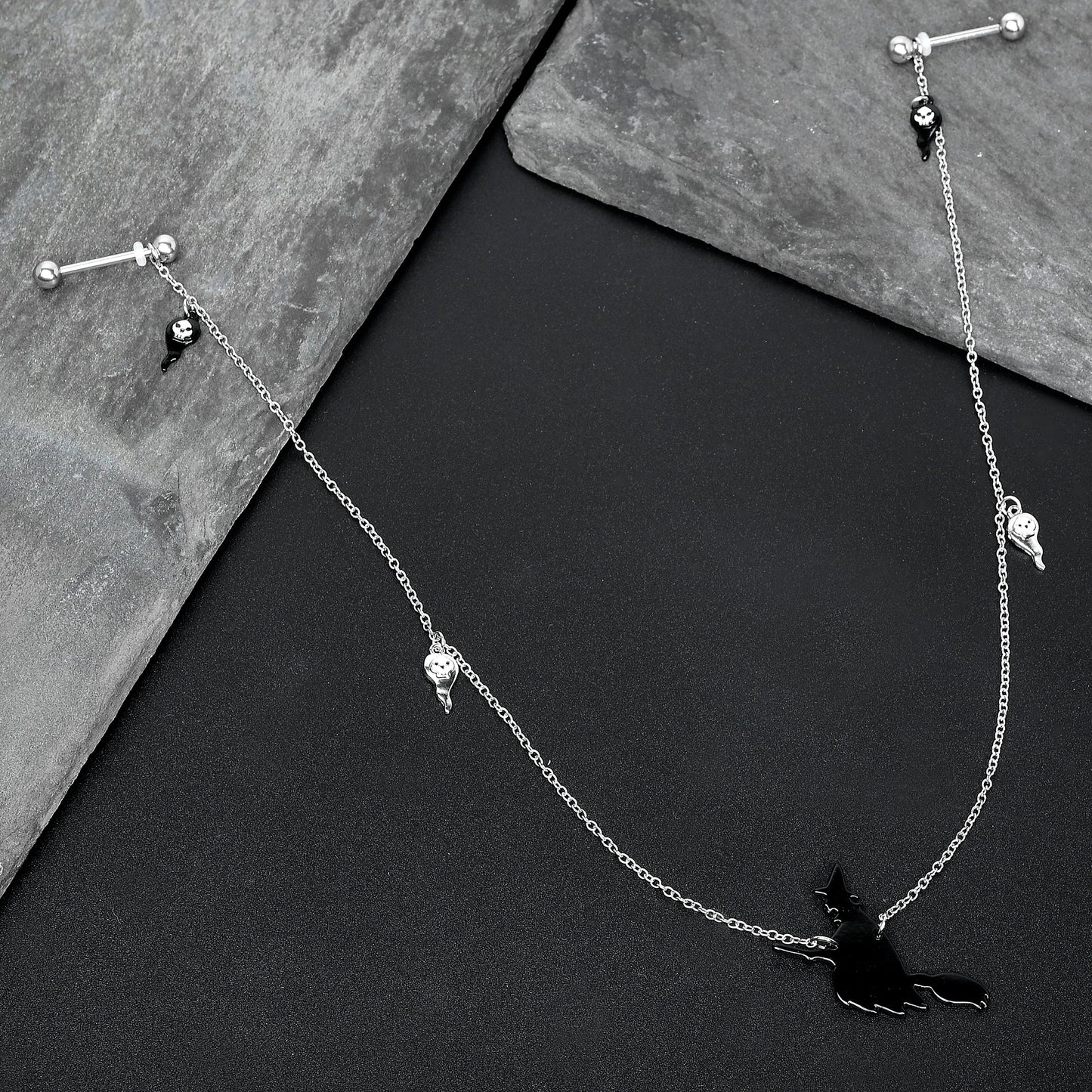 14G 9/16 Creepy Ghosts Witch Halloween Dangle Nipple Chain Set