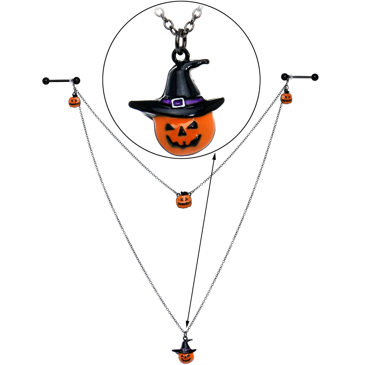 14G 9/16 Black Witchy Pumpkin Halloween Double Nipple Chain