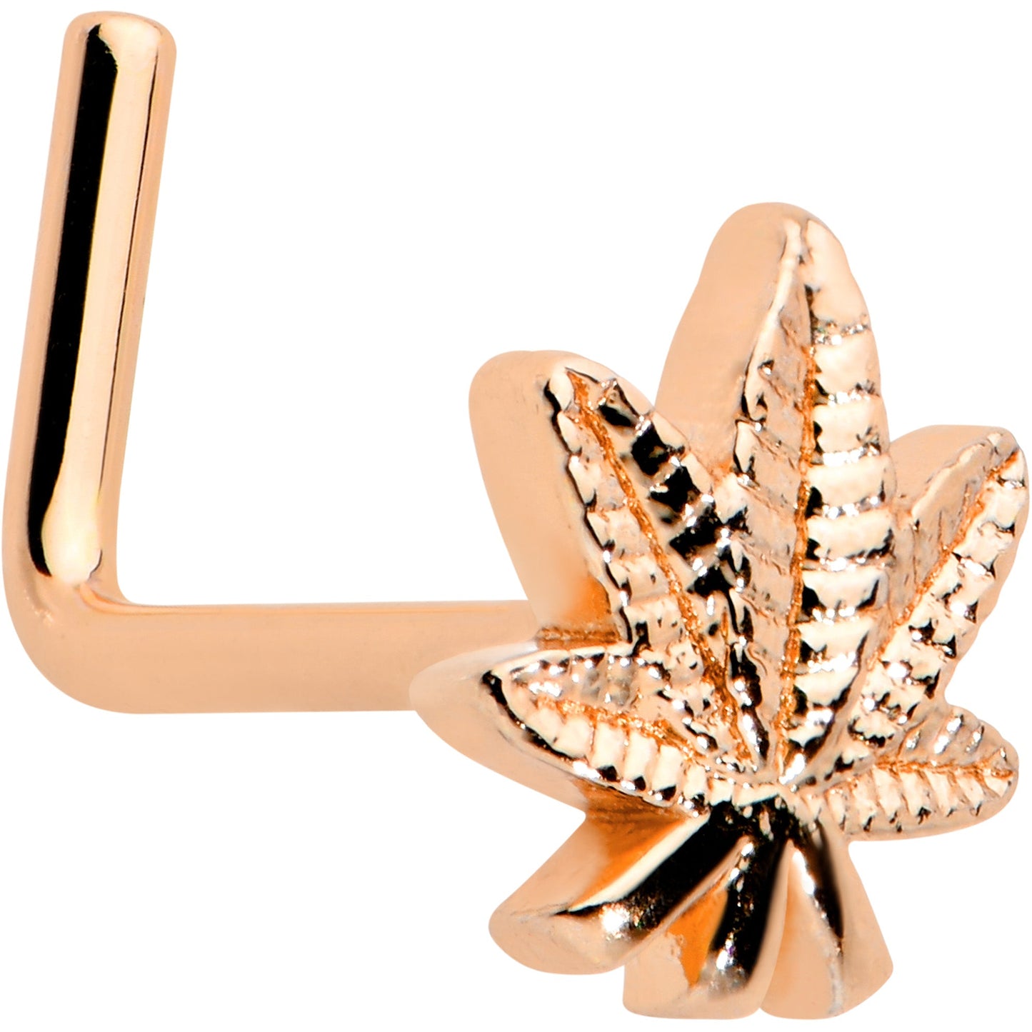 20G 1/4 Rose Gold Tone Texture Pot Leaf L Shape Nose Ring