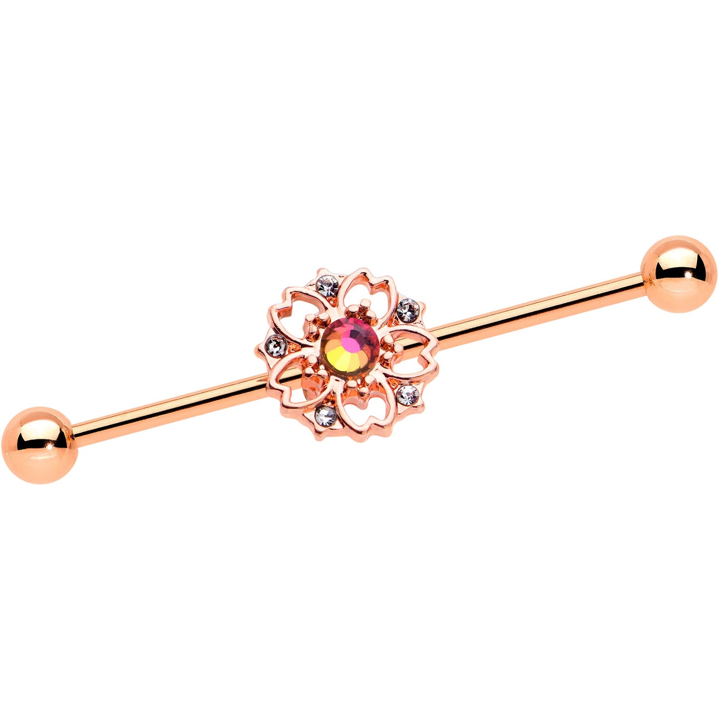 14G Dark Aurora Gem Rose Gold Tone Flower Industrial Barbell 38mm