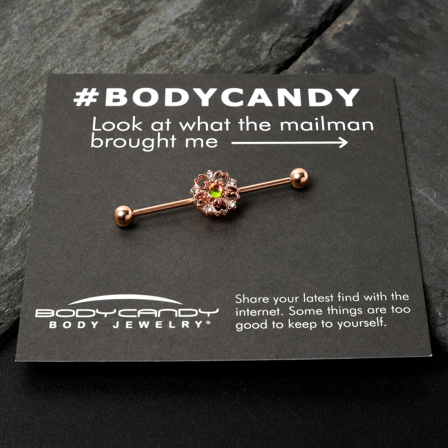 14G Dark Aurora Gem Rose Gold Tone Flower Industrial Barbell 38mm