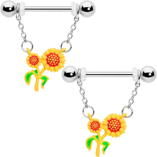 14G 9/16 Happy Sunflower Duo Chain Dangle Nipple Ring Set