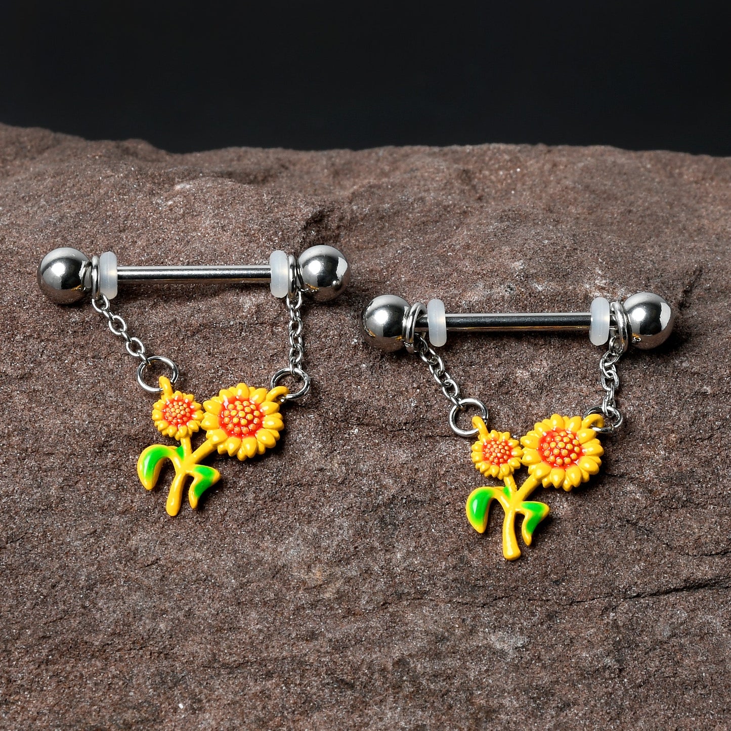 14G 9/16 Happy Sunflower Duo Chain Dangle Nipple Ring Set