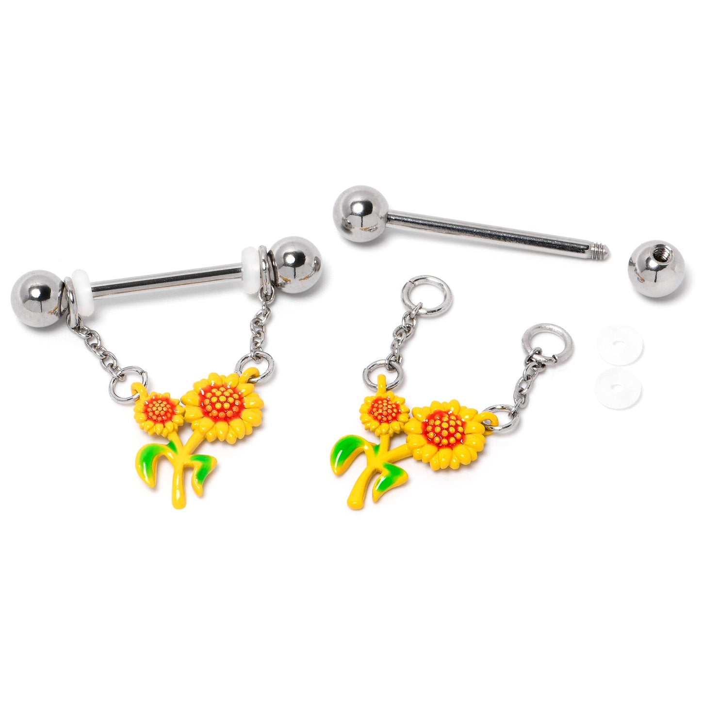 14G 9/16 Happy Sunflower Duo Chain Dangle Nipple Ring Set