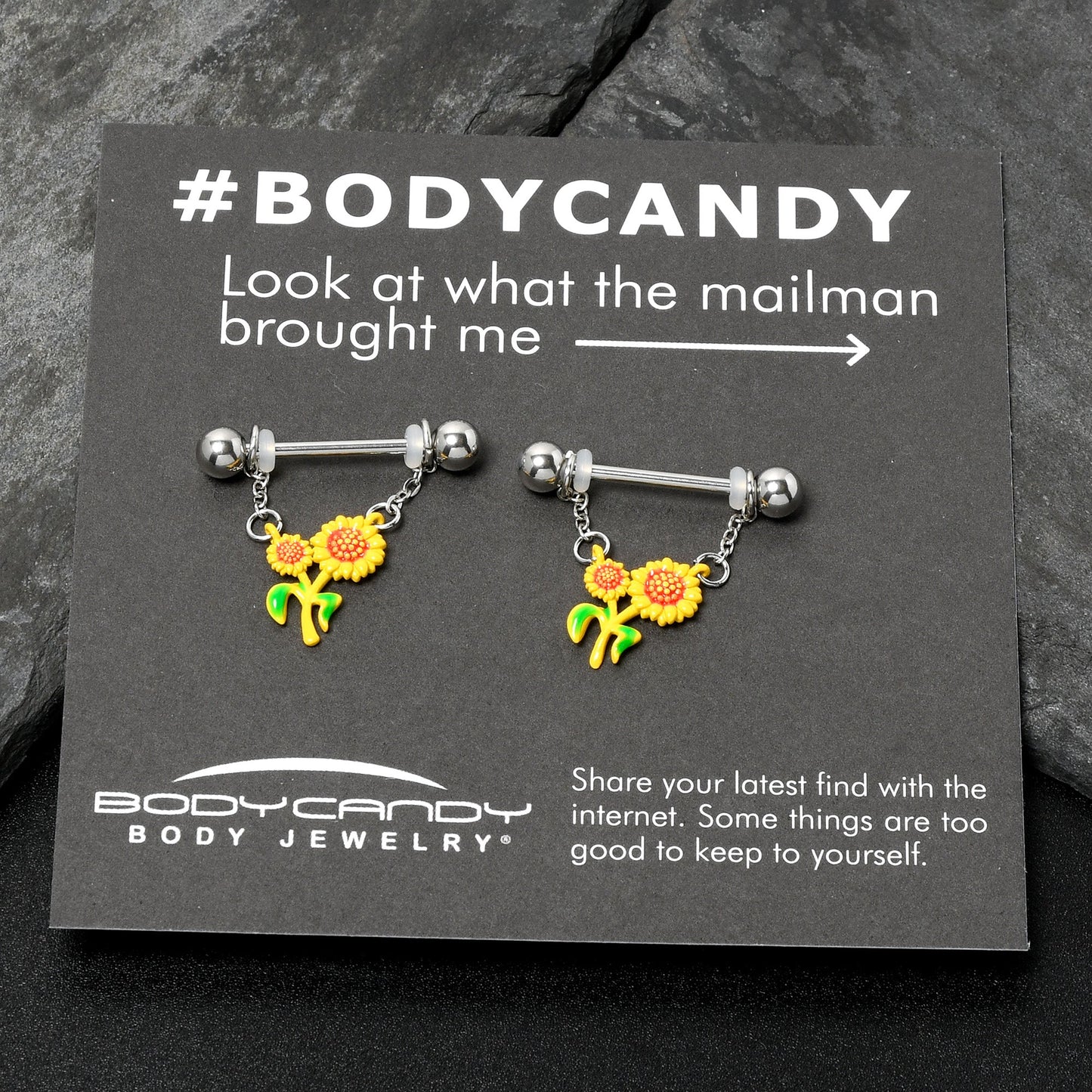 14G 9/16 Happy Sunflower Duo Chain Dangle Nipple Ring Set