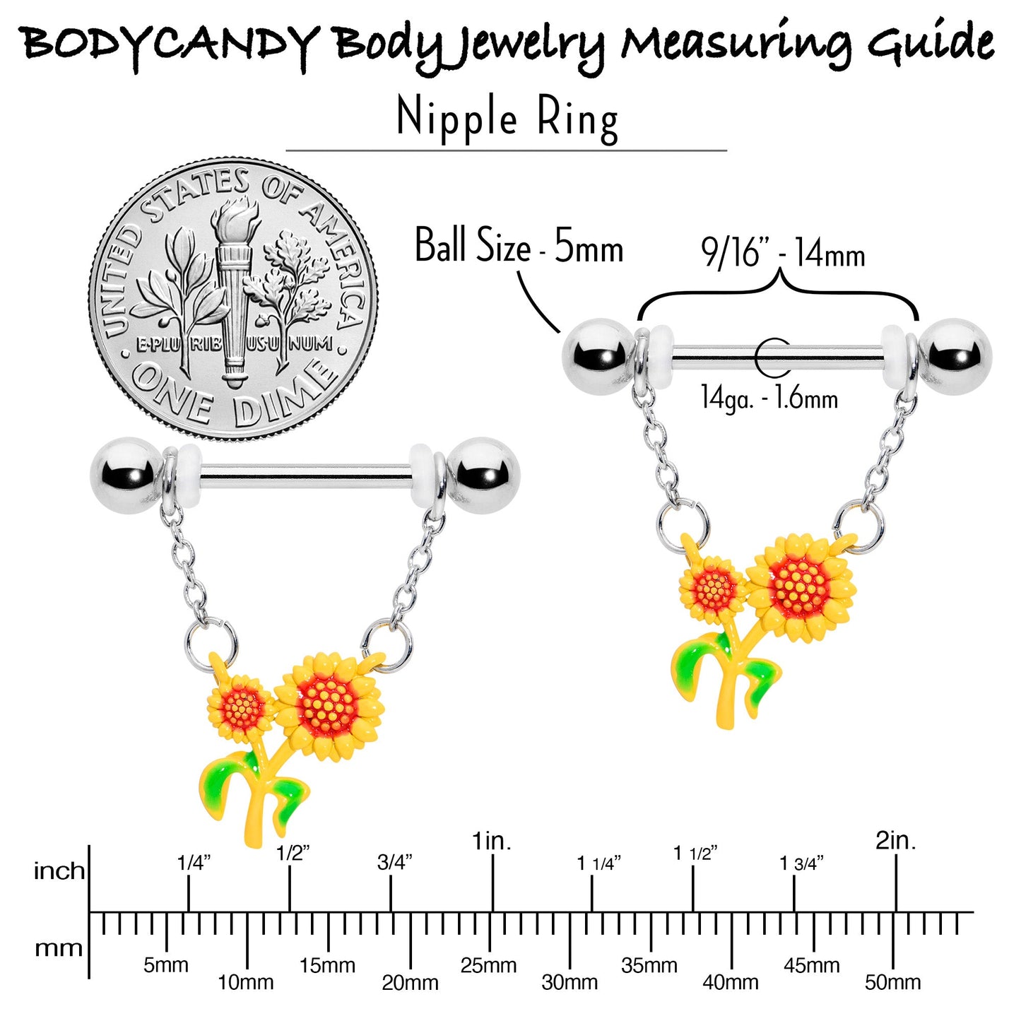 14G 9/16 Happy Sunflower Duo Chain Dangle Nipple Ring Set