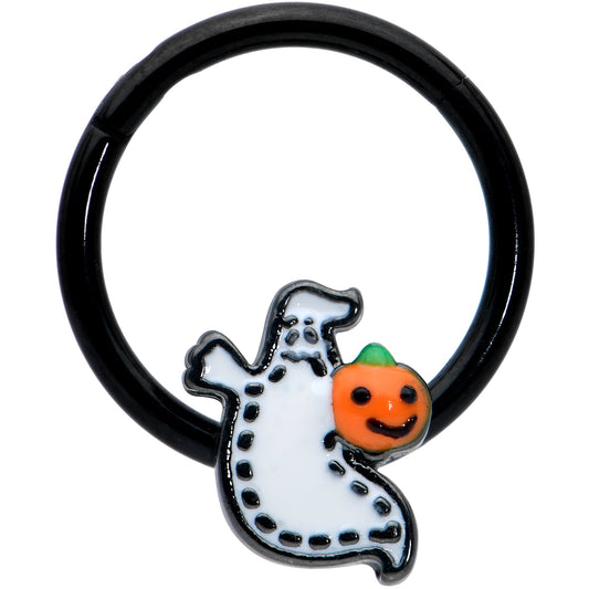 16G 3/8 Black Halloween Pumpkin Ghost Hinged Segment Ring