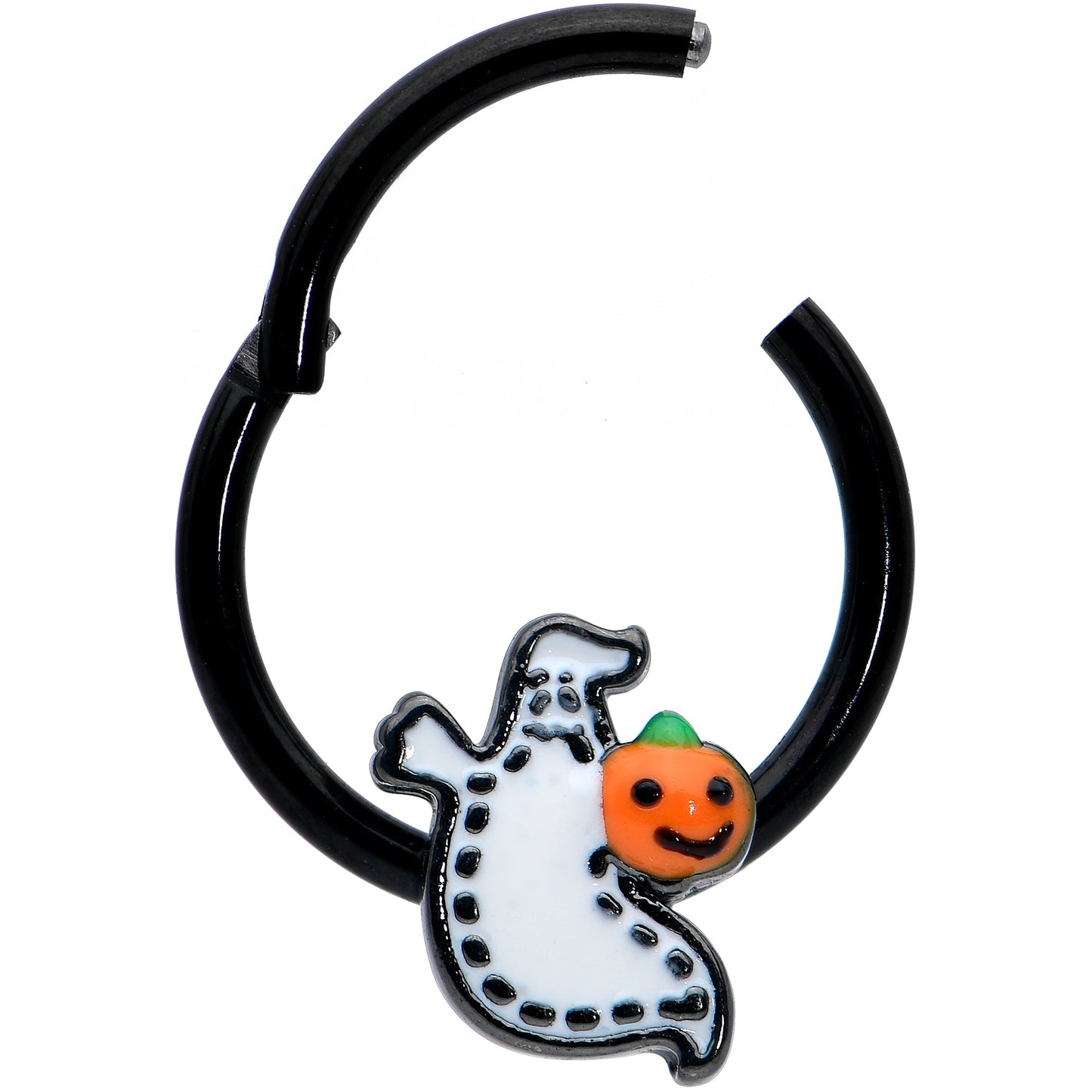 16G 3/8 Black Halloween Pumpkin Ghost Hinged Segment Ring