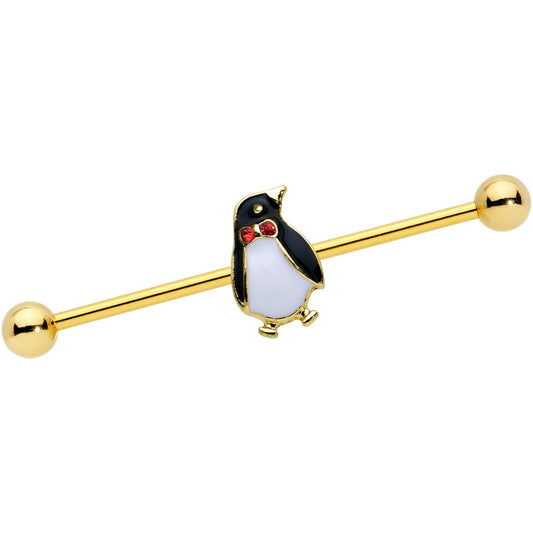 14G Red Gem Gold Tone Bow Tie Penguin Industrial Barbell 38mm