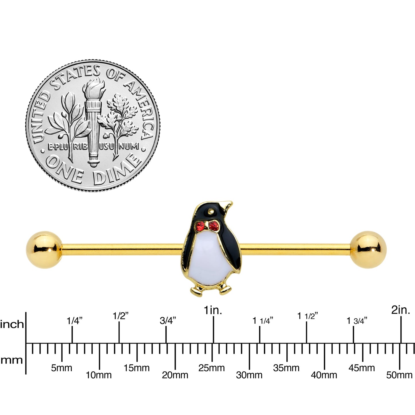 14G Red Gem Gold Tone Bow Tie Penguin Industrial Barbell 38mm