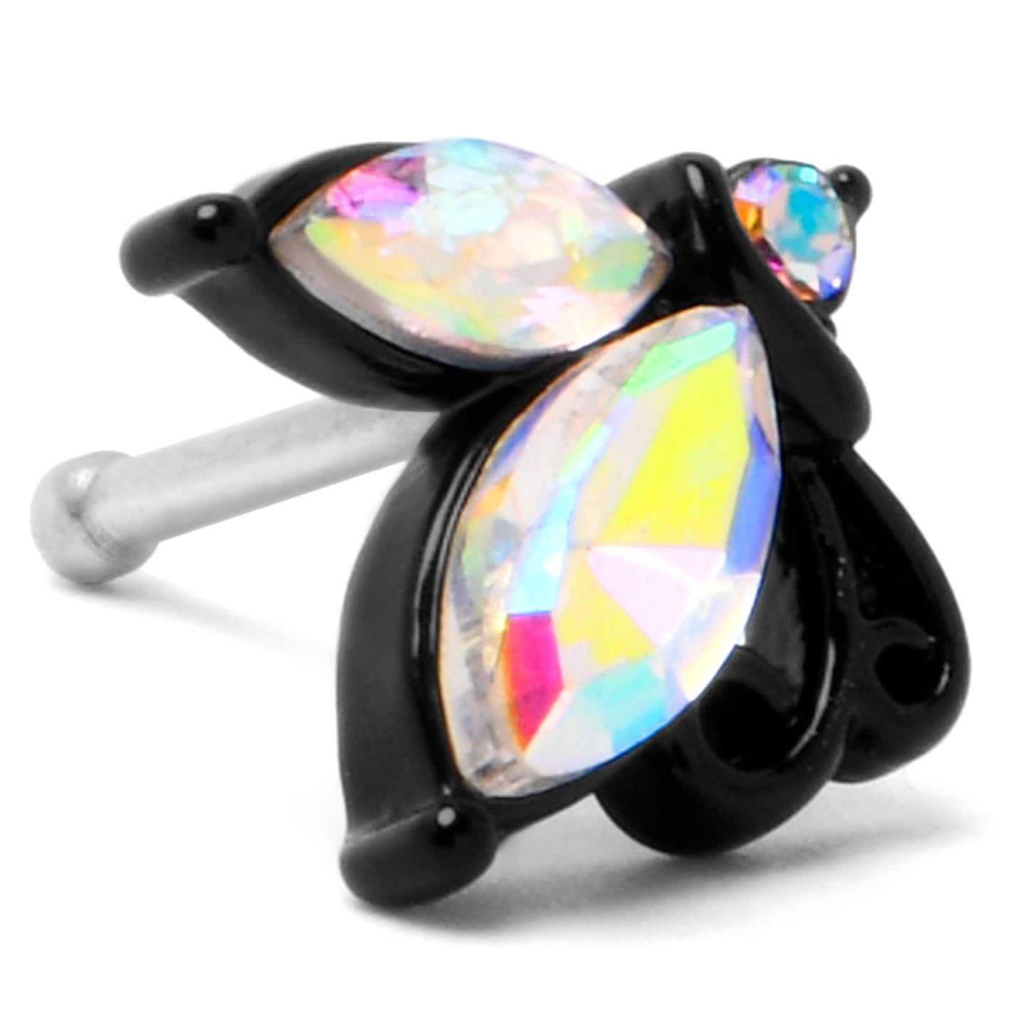 20G 1/4 Aurora CZ Gem Fleur de Lis Butterfly Black Nose Bone