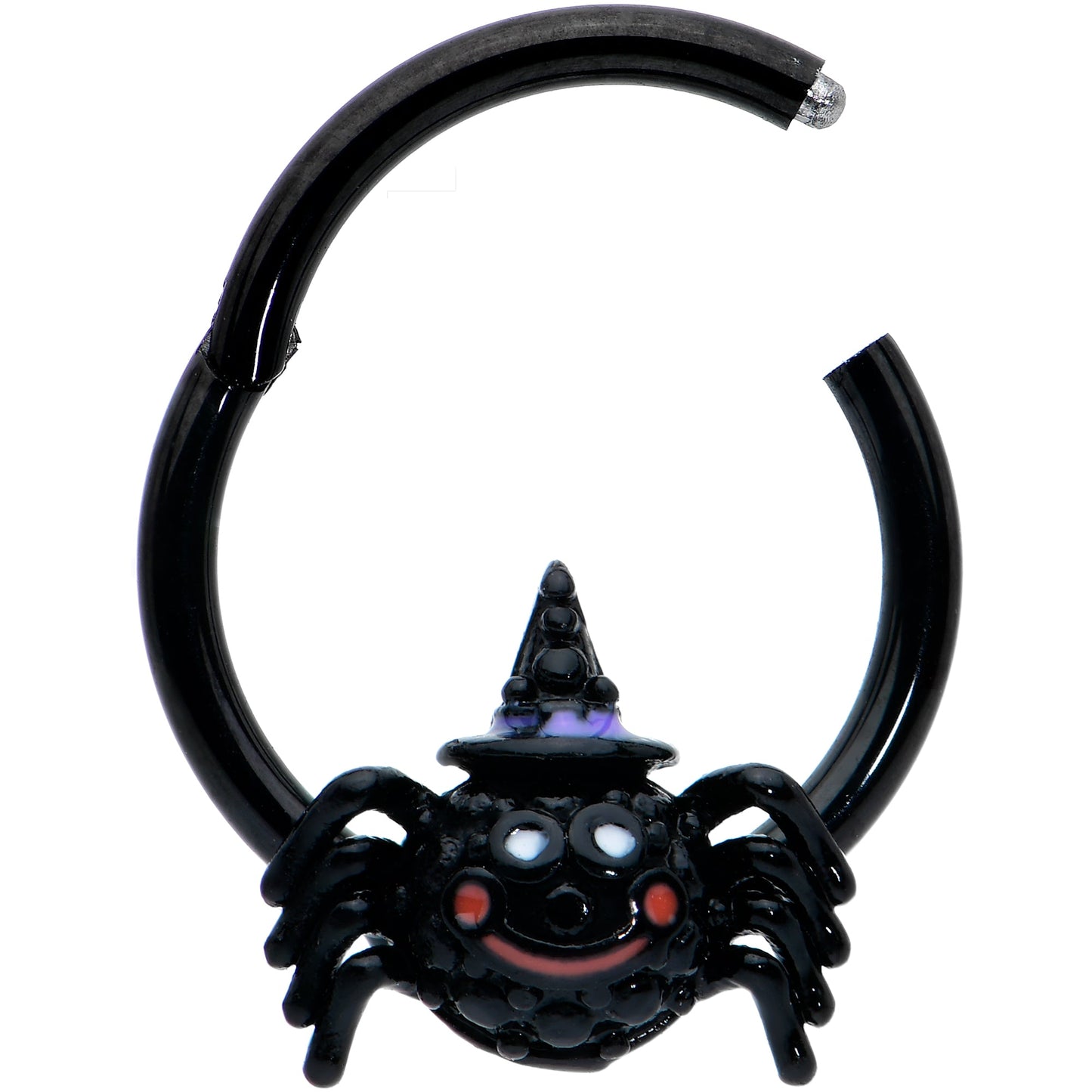 16G 3/8 Black Halloween Smiling Spider Witch Hinged Segment Ring