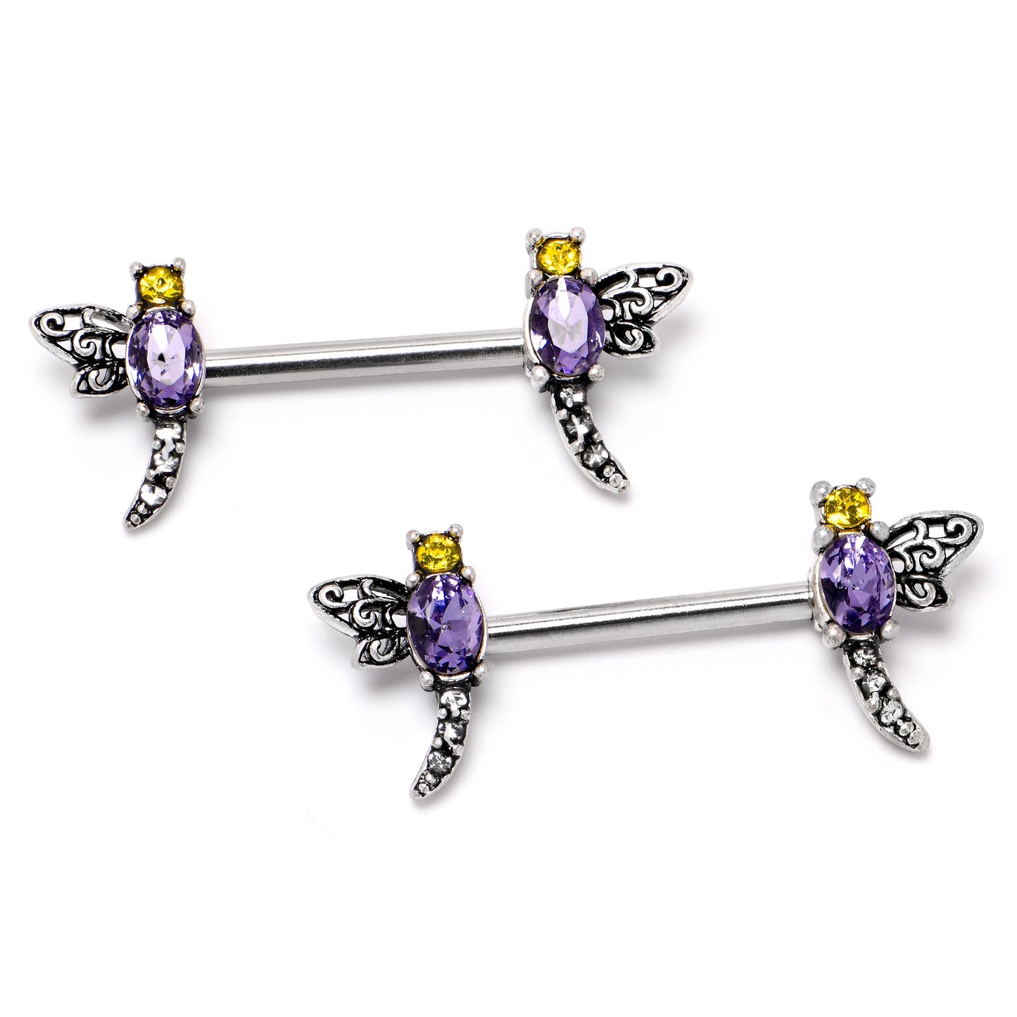 14G 9/16 Purple Yellow Gem Dragonfly Barbell Nipple Ring Set