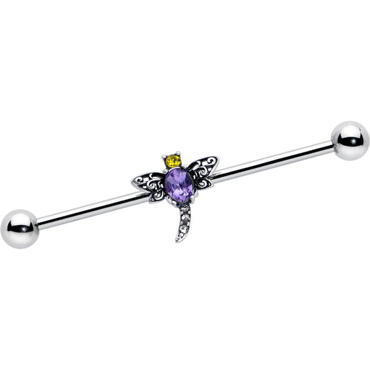 14G Purple Yellow Gem Dragonfly Industrial Barbell 38mm