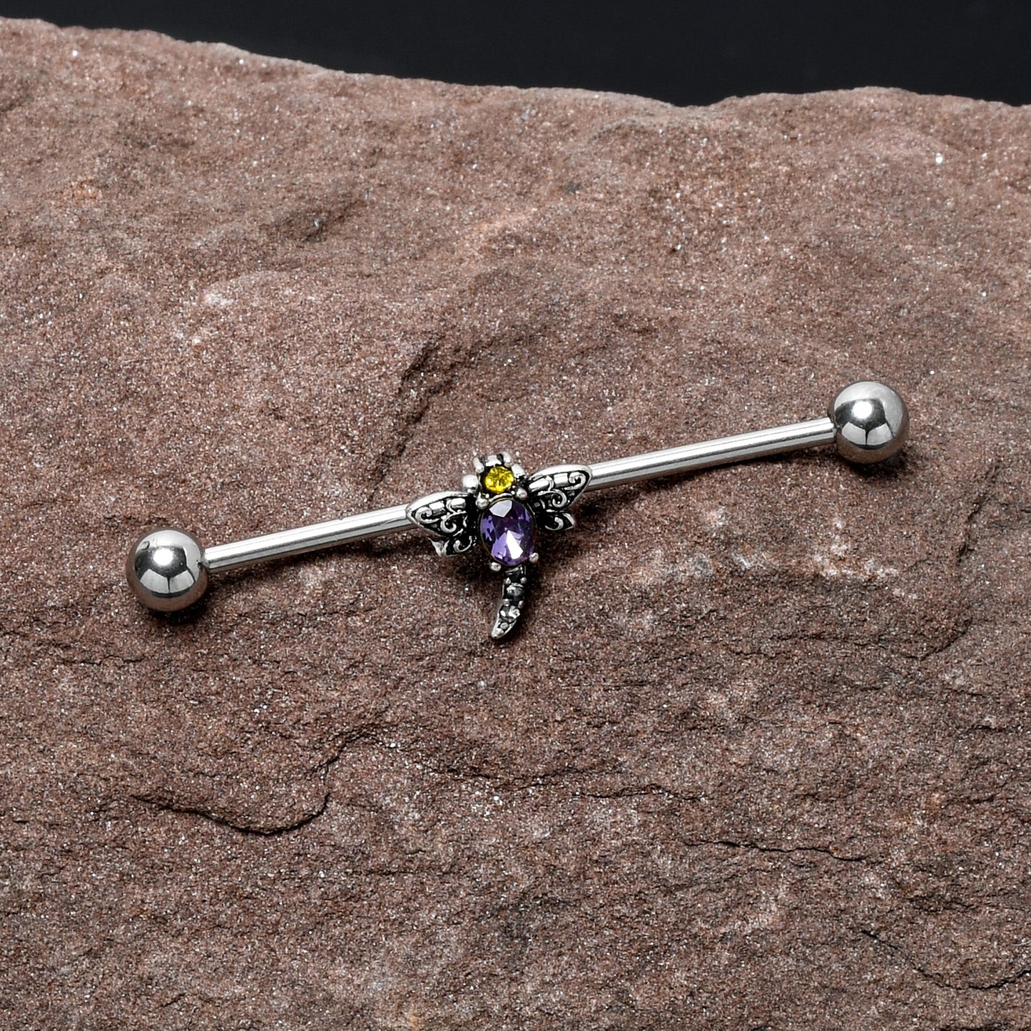 14G Purple Yellow Gem Dragonfly Industrial Barbell 38mm