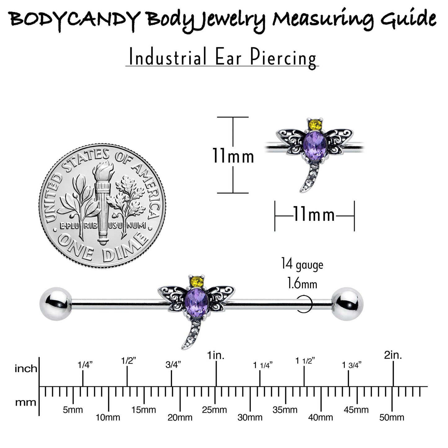 14G Purple Yellow Gem Dragonfly Industrial Barbell 38mm