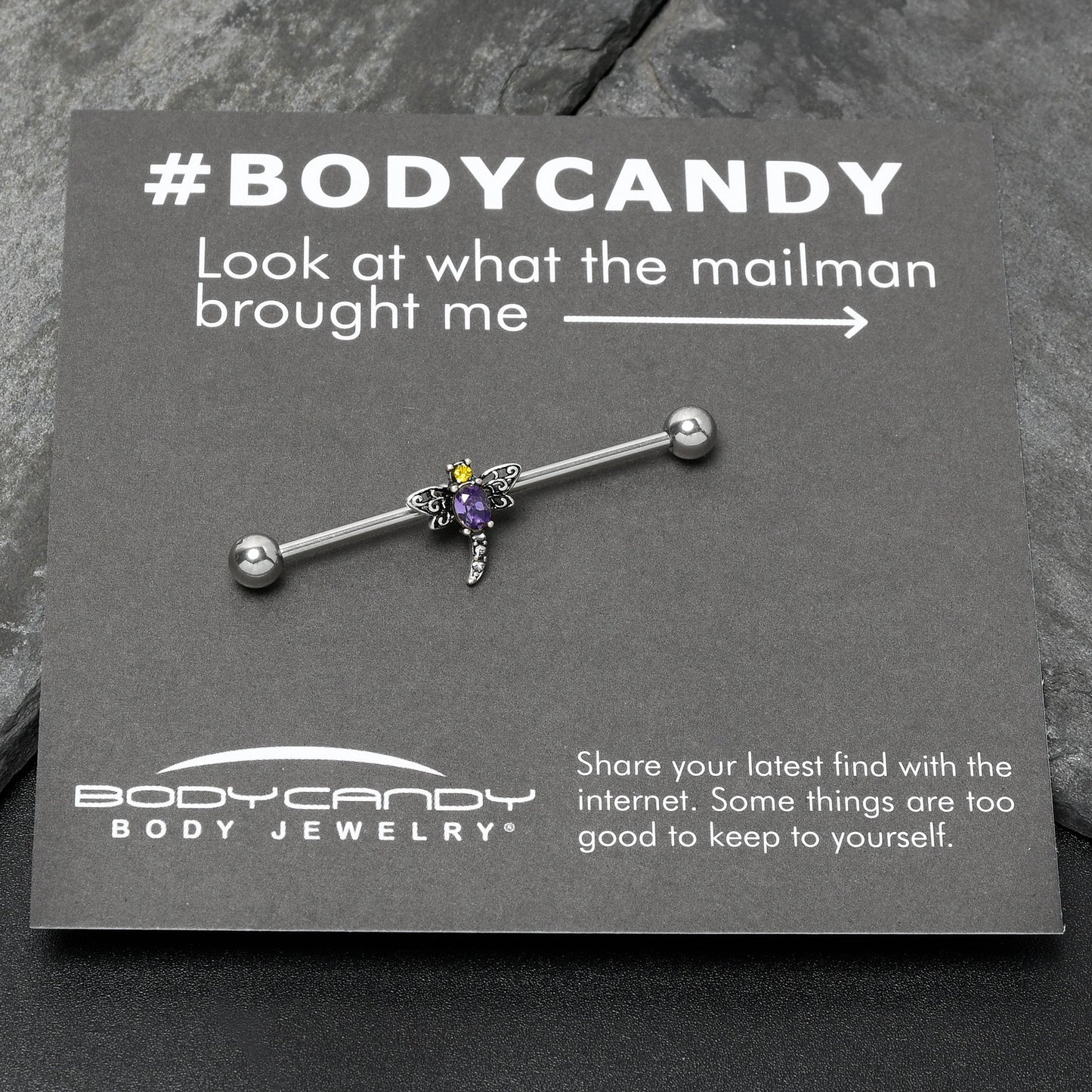 14G Purple Yellow Gem Dragonfly Industrial Barbell 38mm