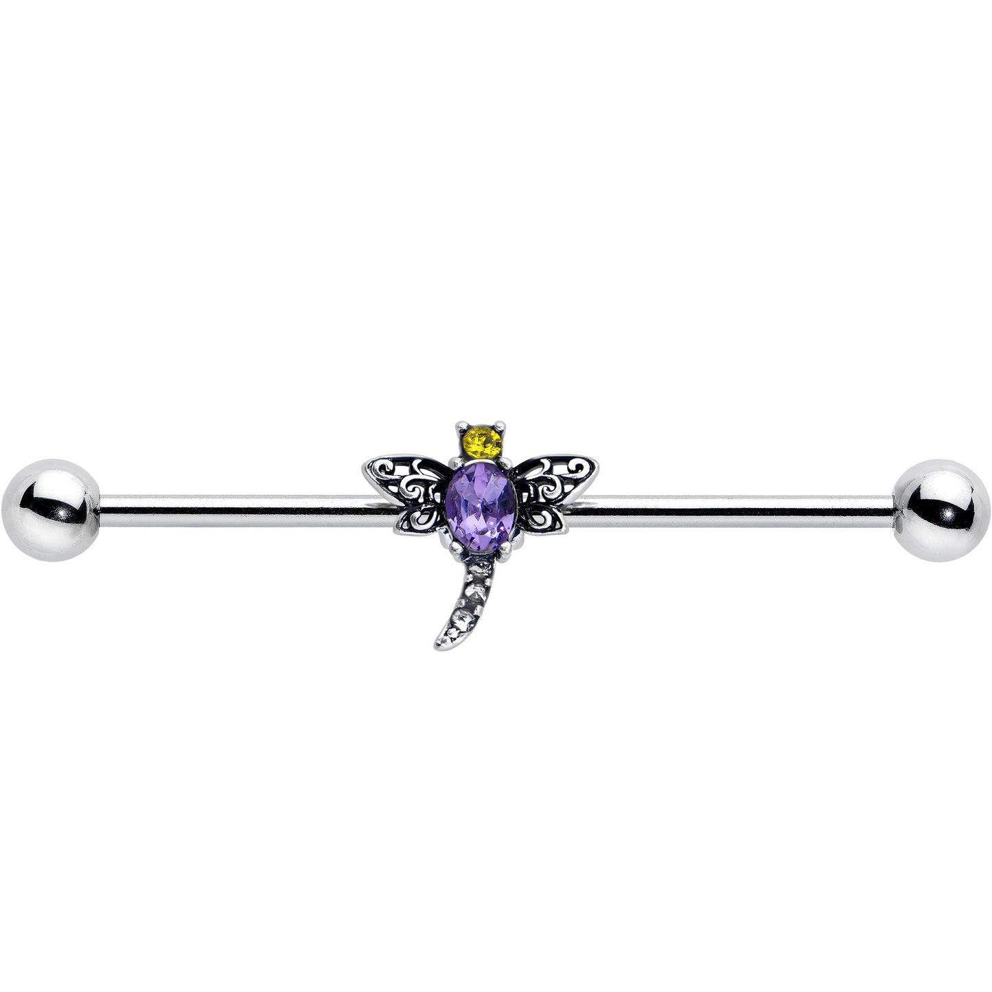14G Purple Yellow Gem Dragonfly Industrial Barbell 38mm