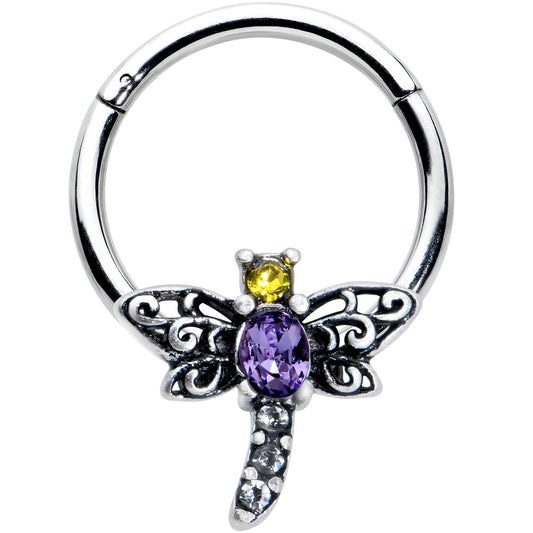 16G 3/8 Purple Yellow Gem Dragonfly Hinged Segment Ring