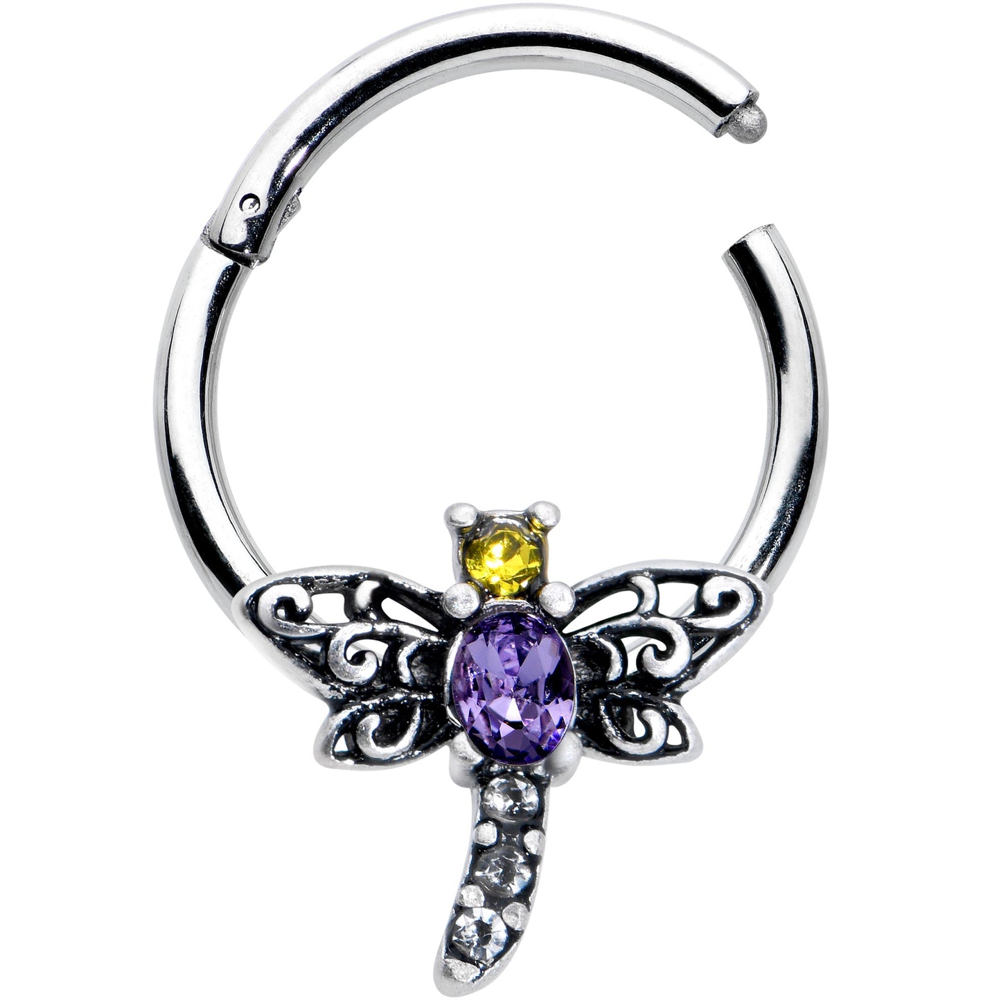 16G 3/8 Purple Yellow Gem Dragonfly Hinged Segment Ring