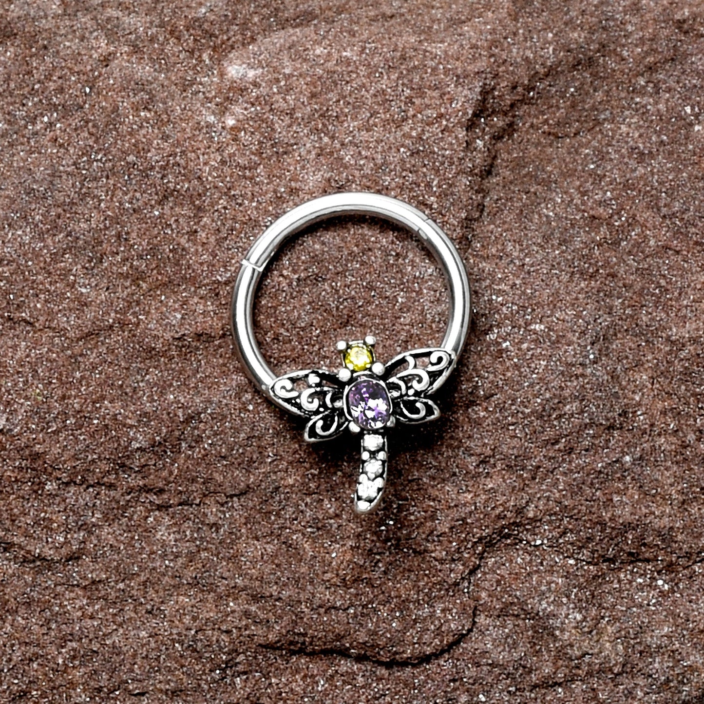 16G 3/8 Purple Yellow Gem Dragonfly Hinged Segment Ring