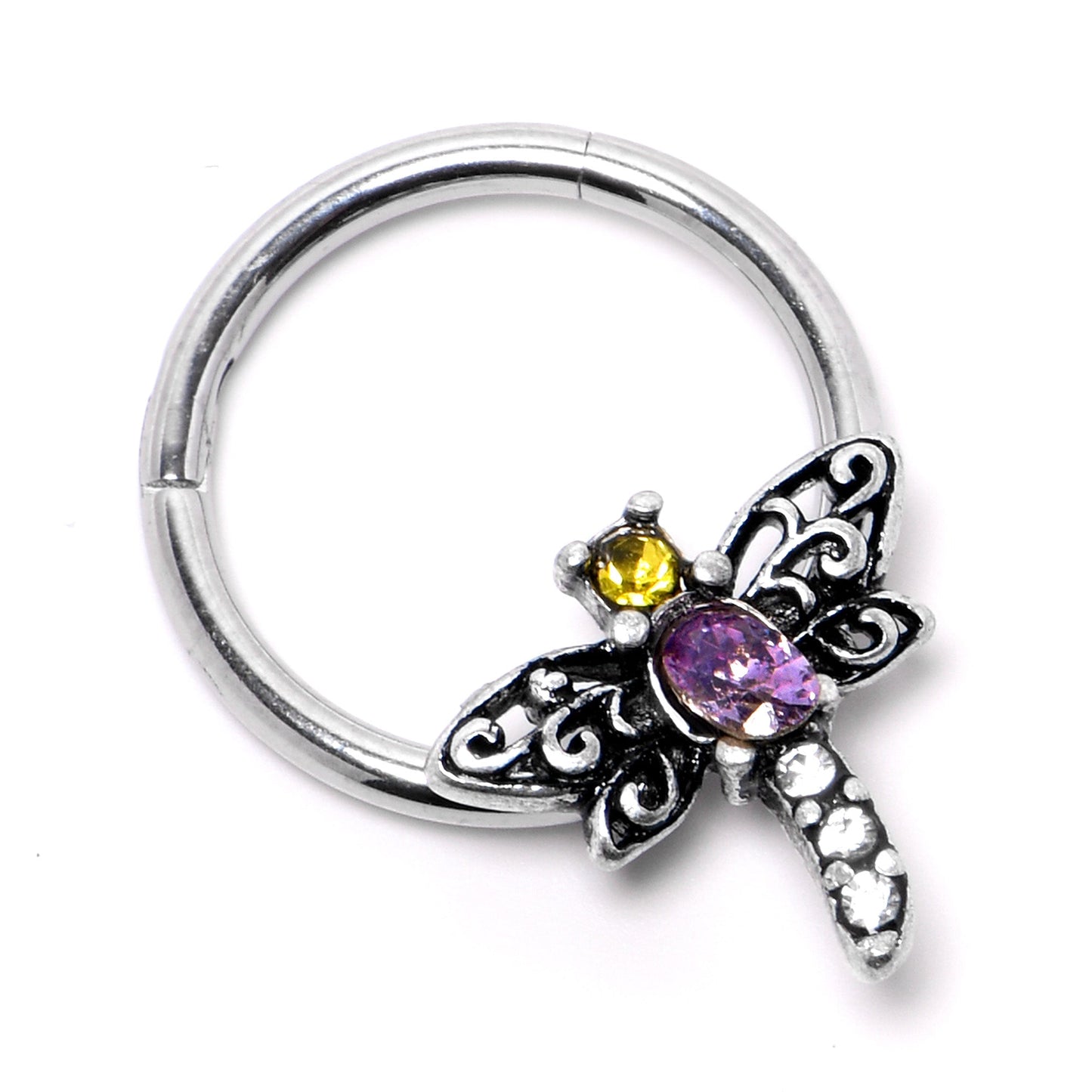 16G 3/8 Purple Yellow Gem Dragonfly Hinged Segment Ring