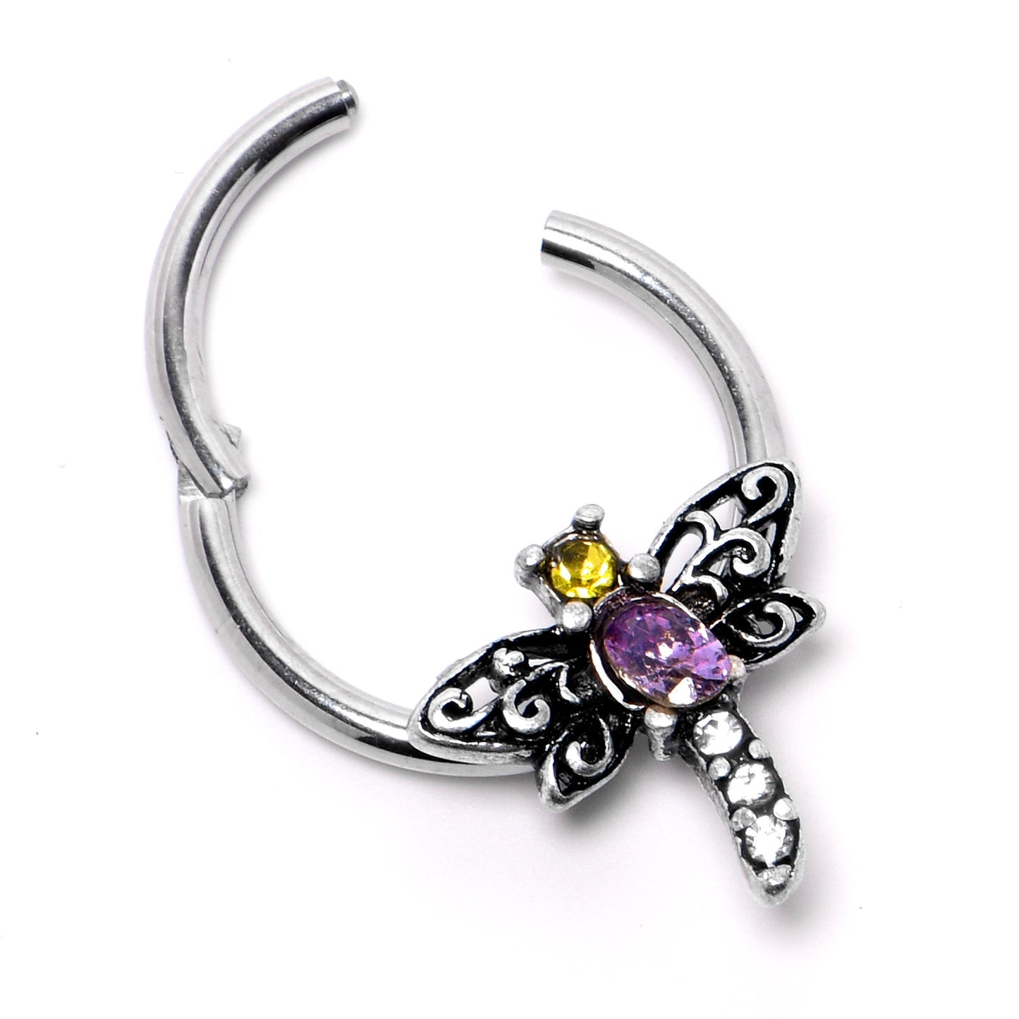 16G 3/8 Purple Yellow Gem Dragonfly Hinged Segment Ring