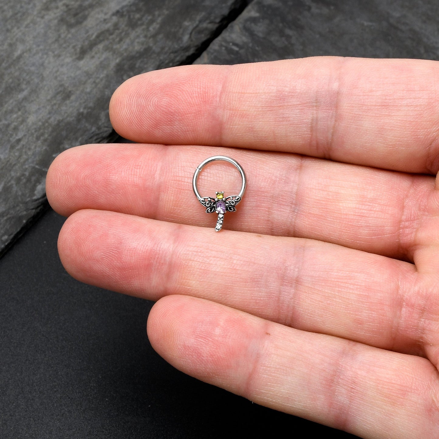 16G 3/8 Purple Yellow Gem Dragonfly Hinged Segment Ring