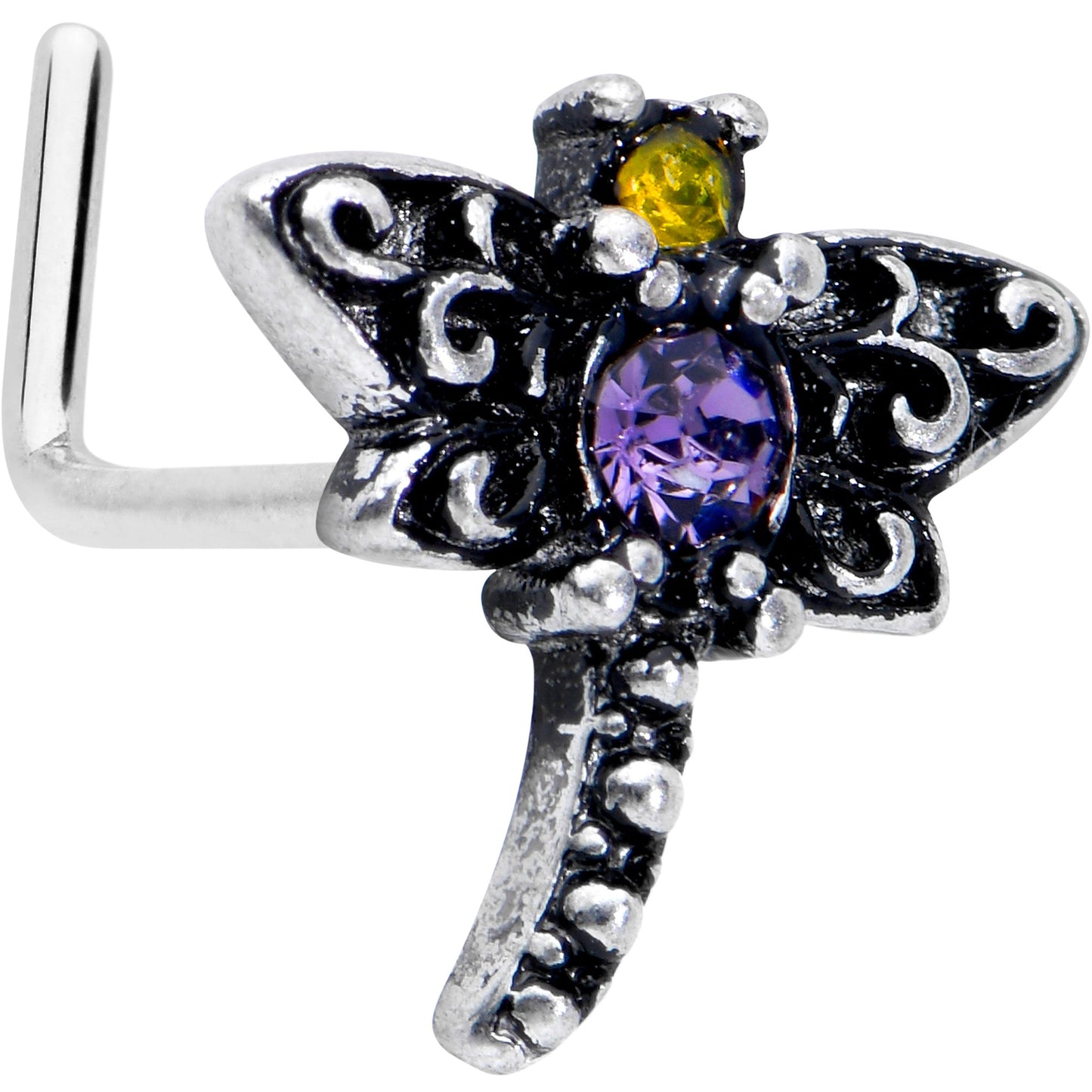 20G 7mm Purple Yellow Gem Dragonfly L Shape Nose Ring