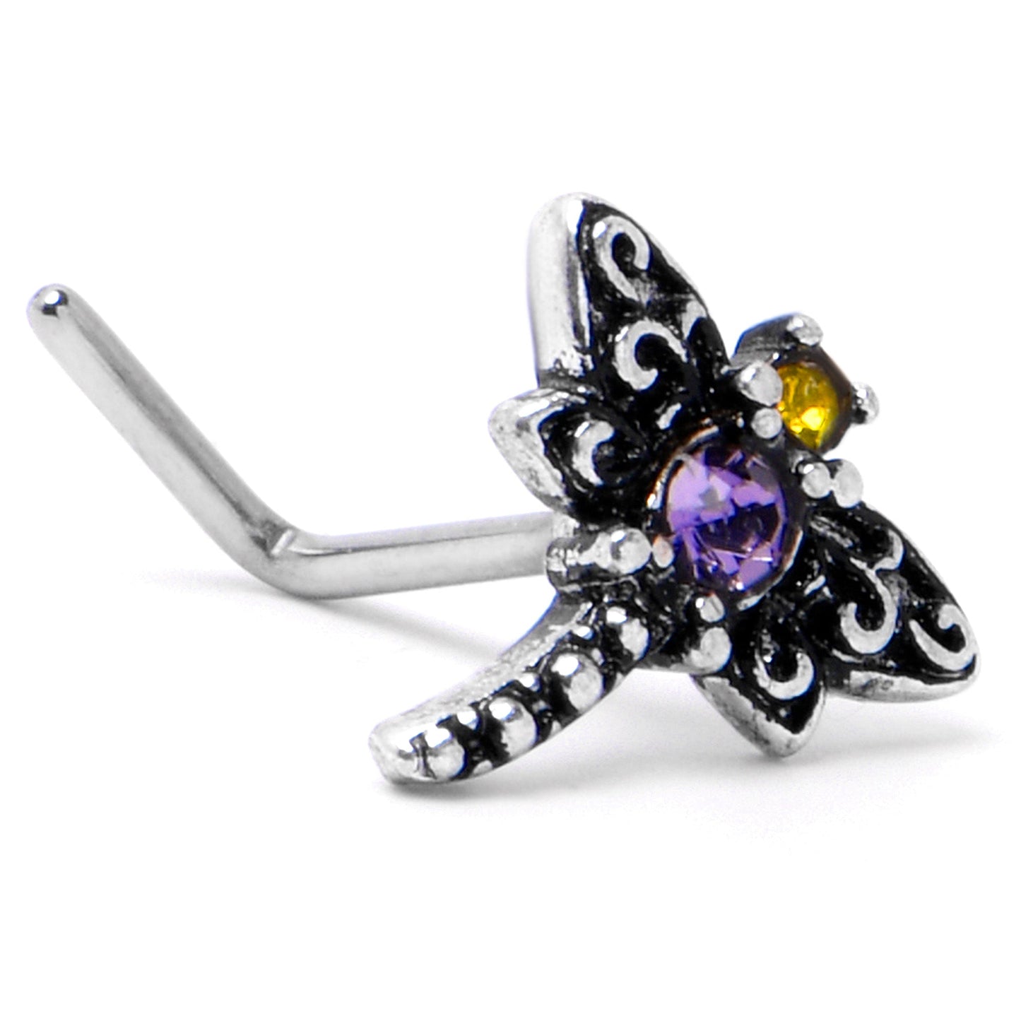 20G 7mm Purple Yellow Gem Dragonfly L Shape Nose Ring