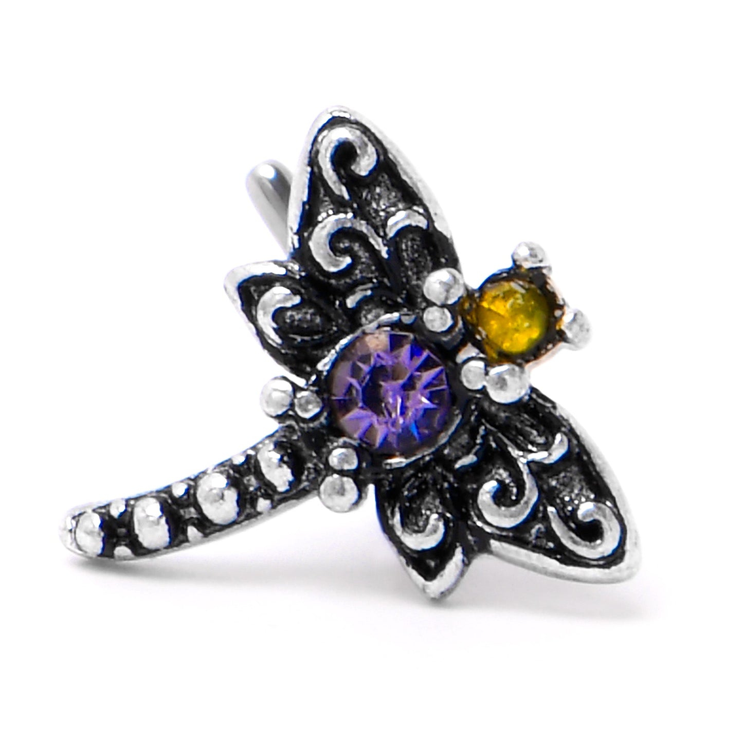 20G 7mm Purple Yellow Gem Dragonfly L Shape Nose Ring