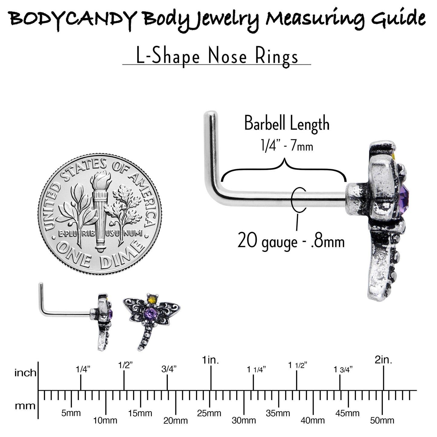 20G 7mm Purple Yellow Gem Dragonfly L Shape Nose Ring