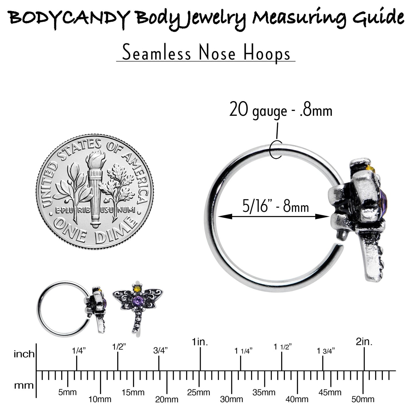 20G 5/16 Purple Yellow Gem Dragonfly Nose Hoop