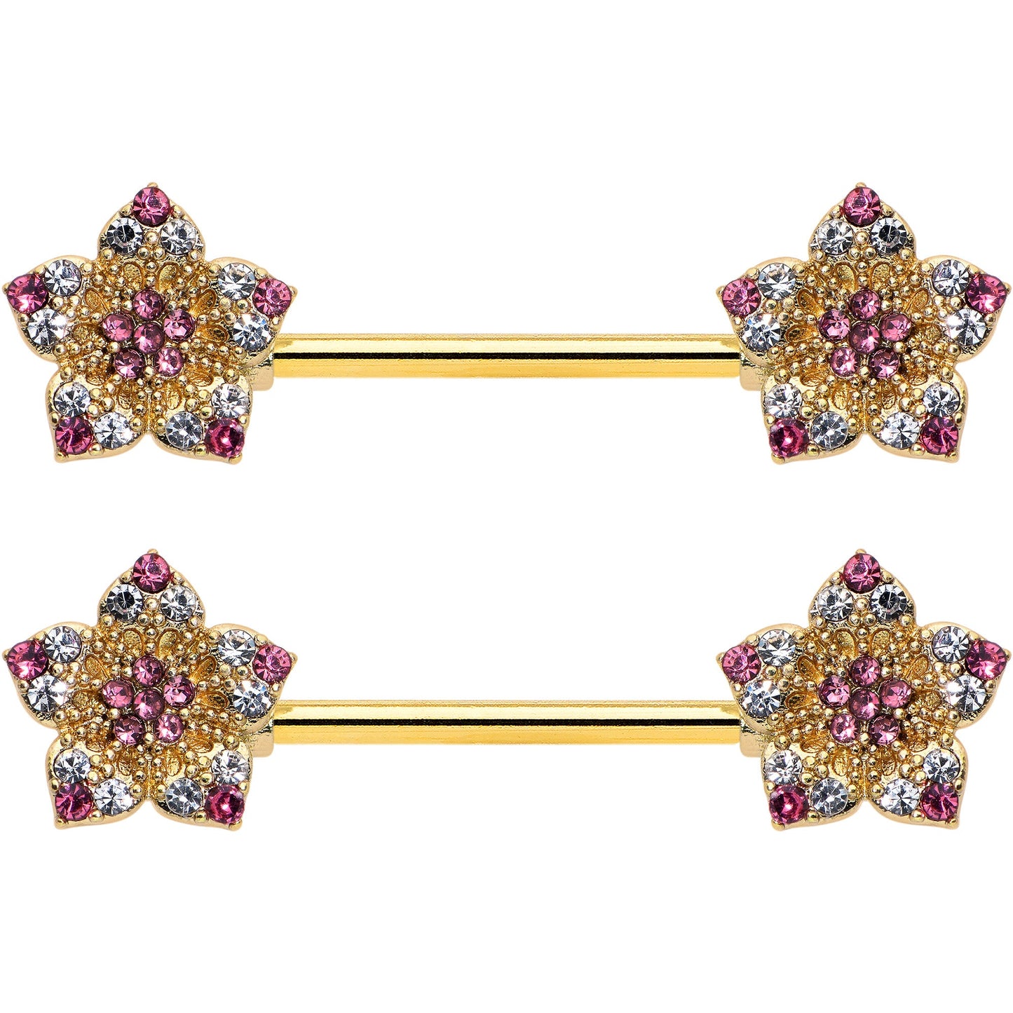 14G 9/16 Pink Gem Gold Tone Texture Star Barbell Nipple Ring Set