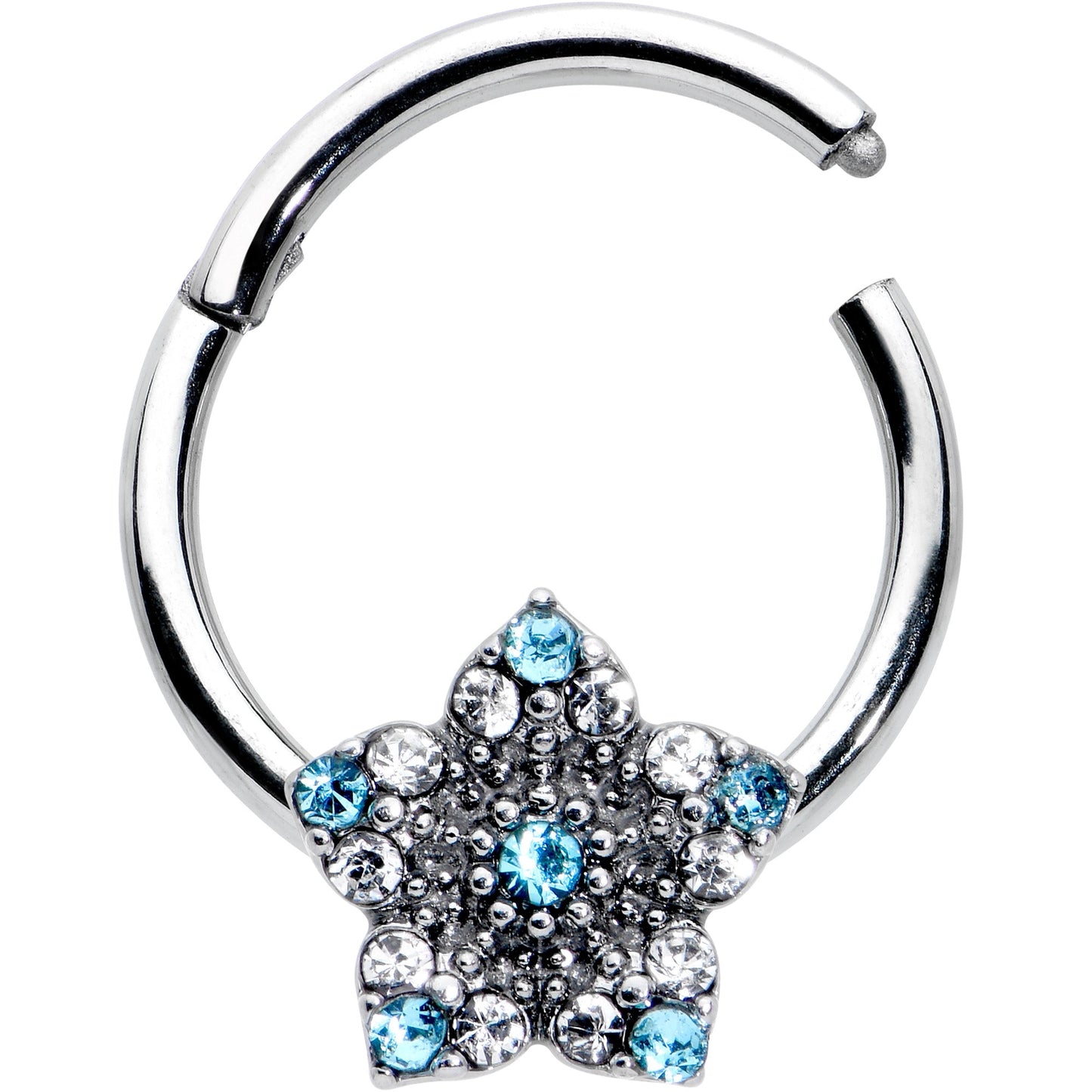 16G 3/8 Blue Clear Gem Opulent Flower Hinged Segment Ring