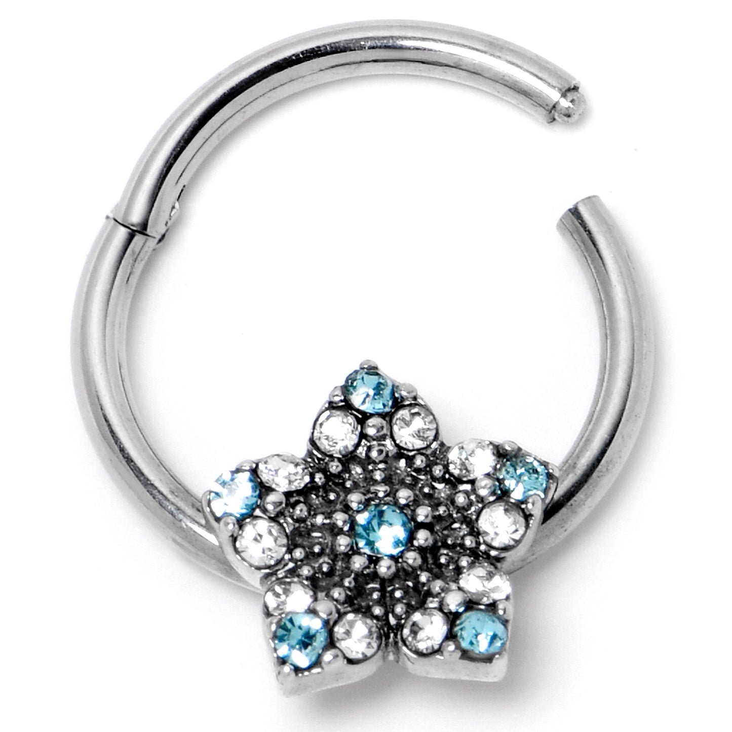 16G 3/8 Blue Clear Gem Opulent Flower Hinged Segment Ring