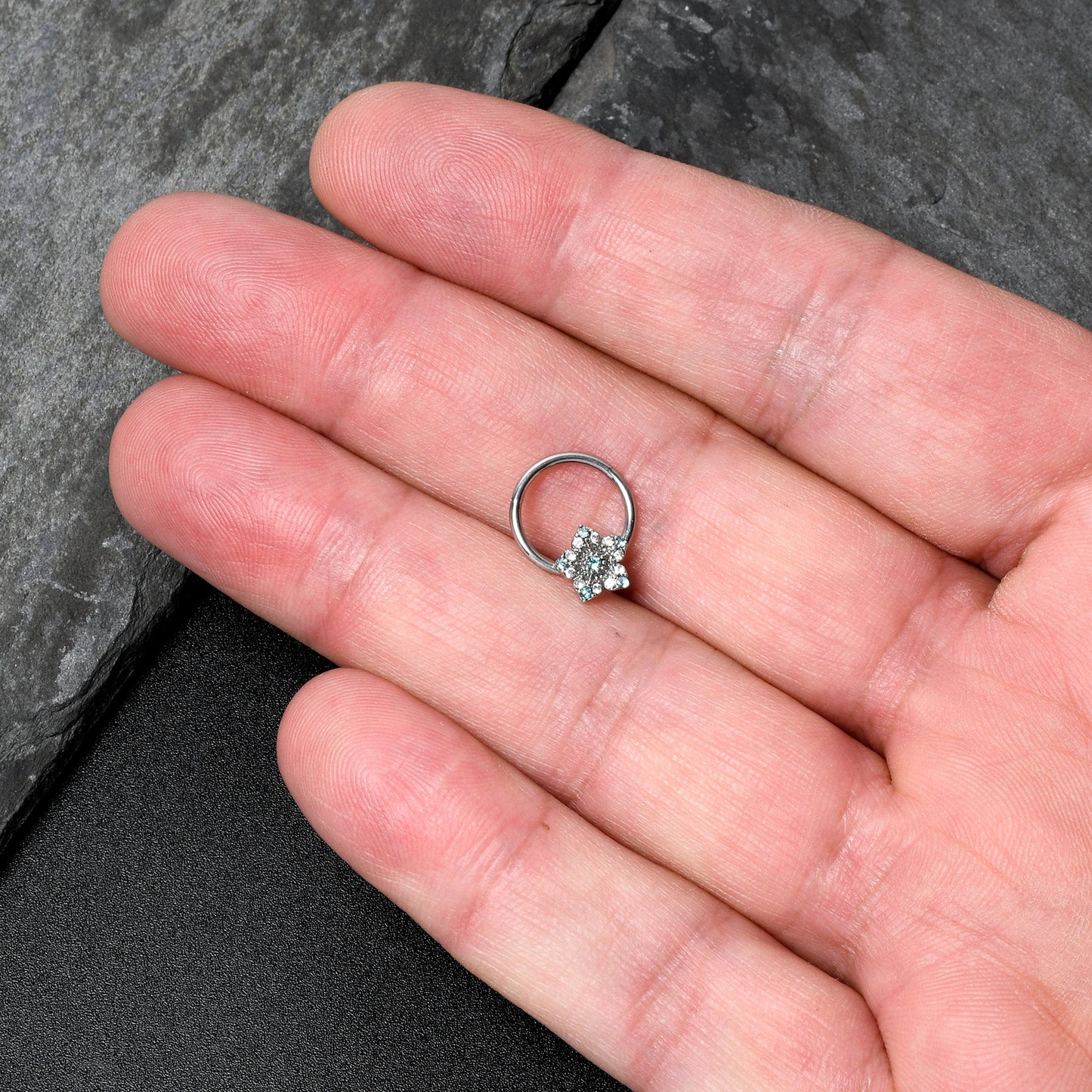 16G 3/8 Blue Clear Gem Opulent Flower Hinged Segment Ring