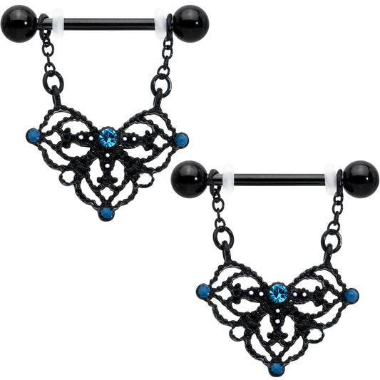 14G 9/16 Blue Gem Black Lacy Rhombus Dangle Nipple Ring Set
