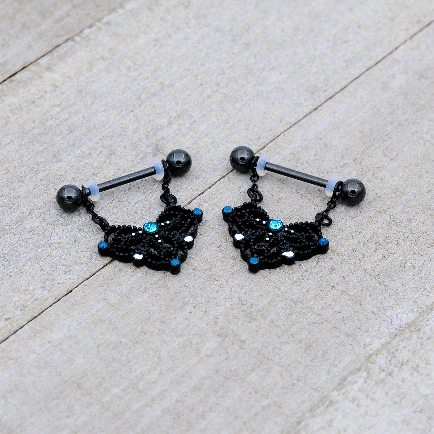 14G 9/16 Blue Gem Black Lacy Rhombus Dangle Nipple Ring Set