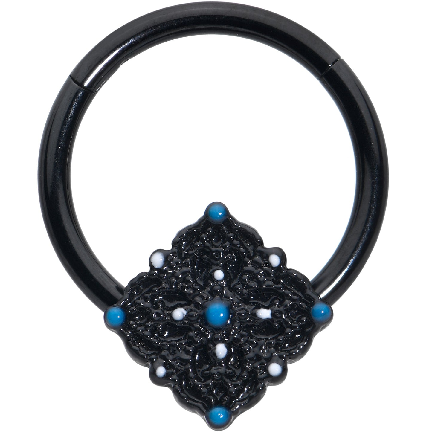 16G 3/8 Black Lacy Rhombus Blue Hinged Segment Ring