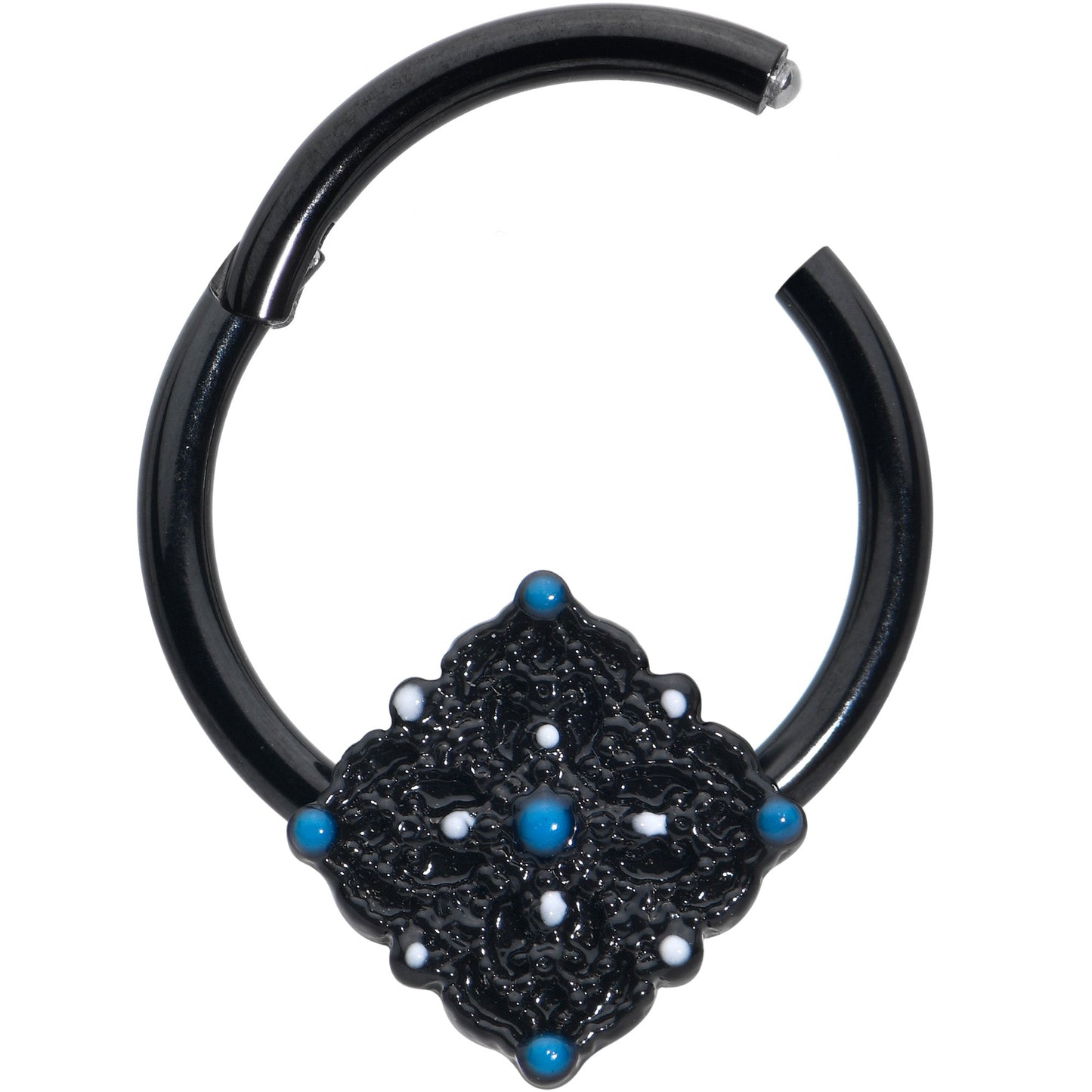 16G 3/8 Black Lacy Rhombus Blue Hinged Segment Ring