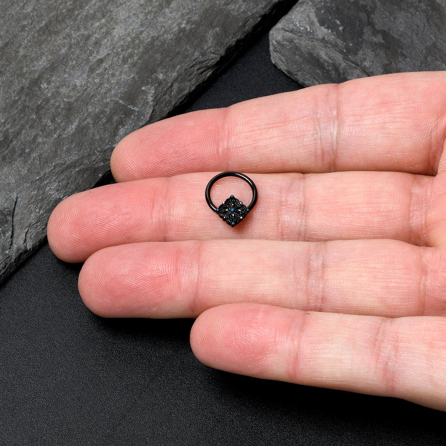 16G 3/8 Black Lacy Rhombus Blue Hinged Segment Ring