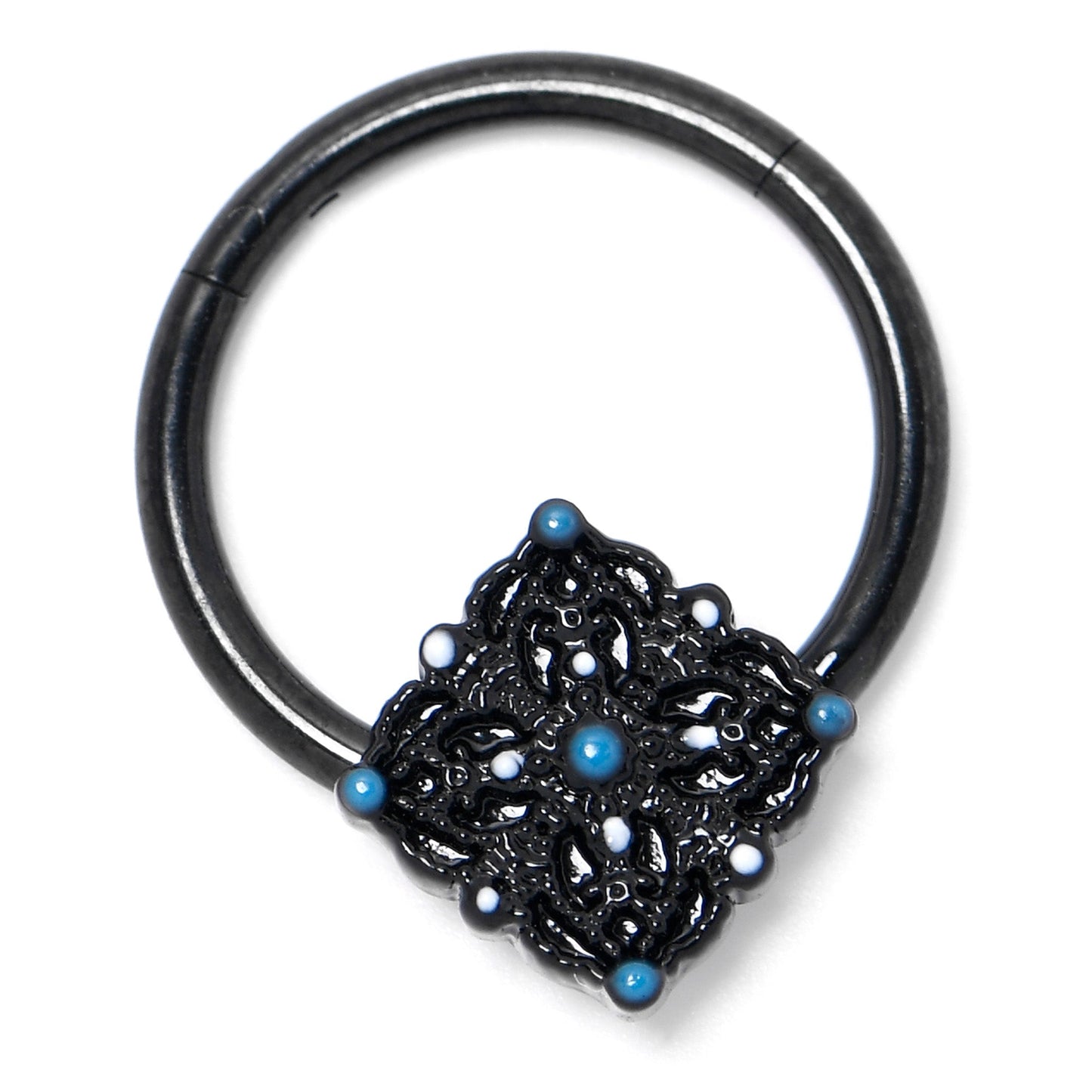 16G 3/8 Black Lacy Rhombus Blue Hinged Segment Ring