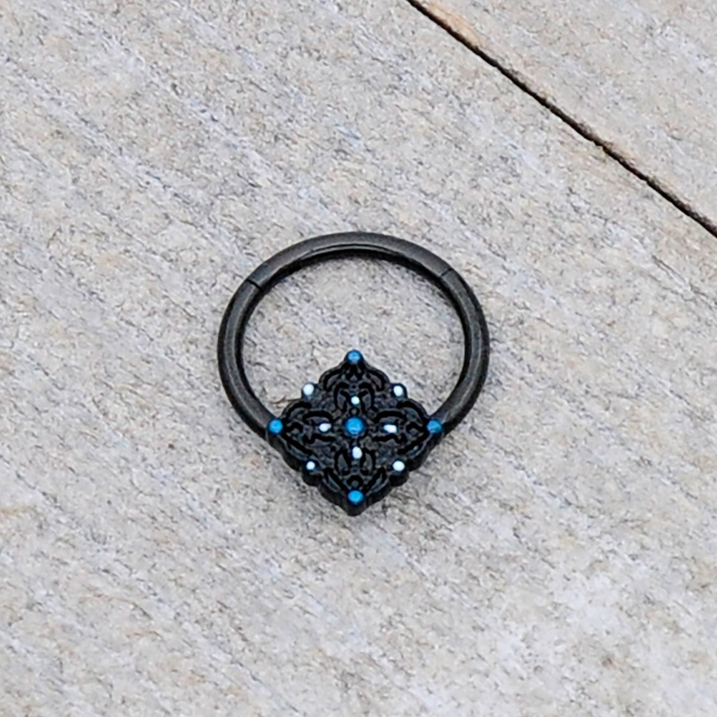 16G 3/8 Black Lacy Rhombus Blue Hinged Segment Ring