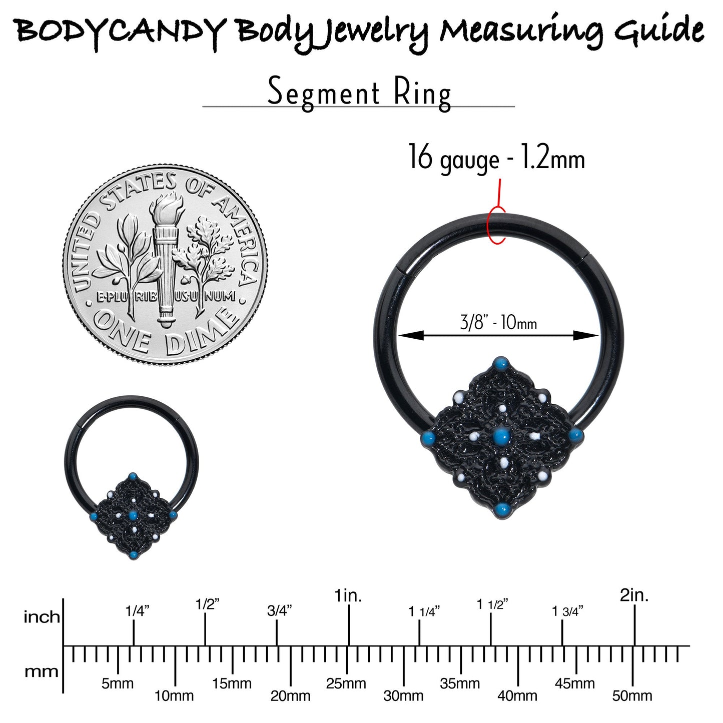 16G 3/8 Black Lacy Rhombus Blue Hinged Segment Ring