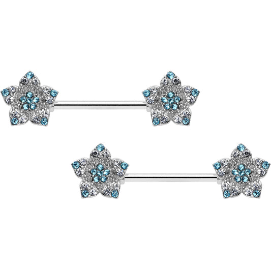 14G 9/16 Blue Clear Gem Opulent Flowers Barbell Nipple Ring Set