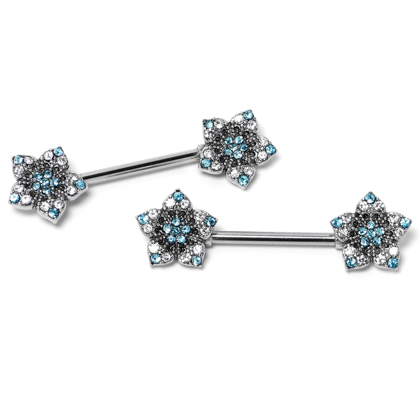 14G 9/16 Blue Clear Gem Opulent Flowers Barbell Nipple Ring Set